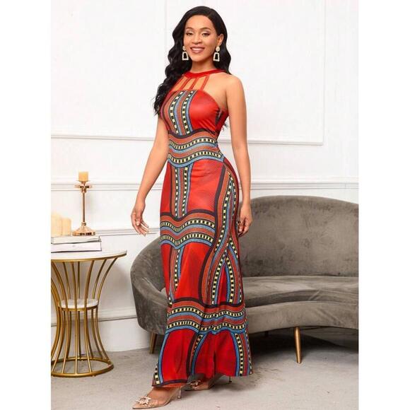 NWT Womens Multicolor Print Sleeveless Halterneck Aztec Maxi Dress Small - Picture 5 of 7